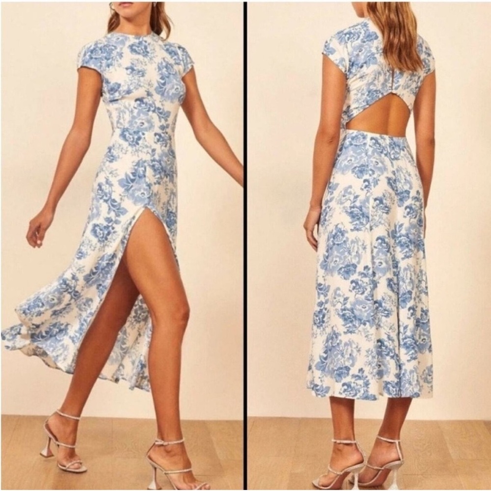 Reformation Blue and White Open-Back Floral Midi Dress